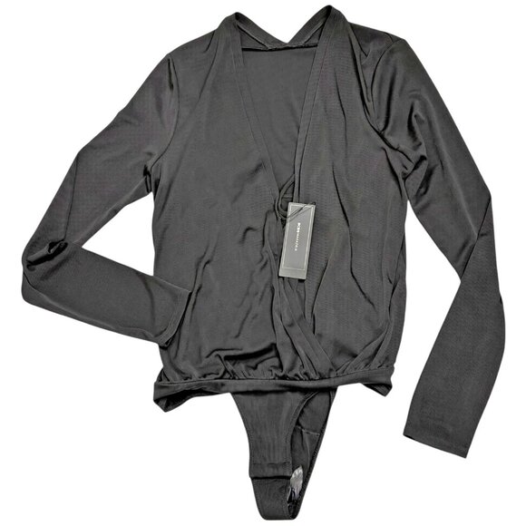 BCBGMAXAZRIA Black Surplice Wrap Long Sleeved Bodysuit - Picture 7 of 11